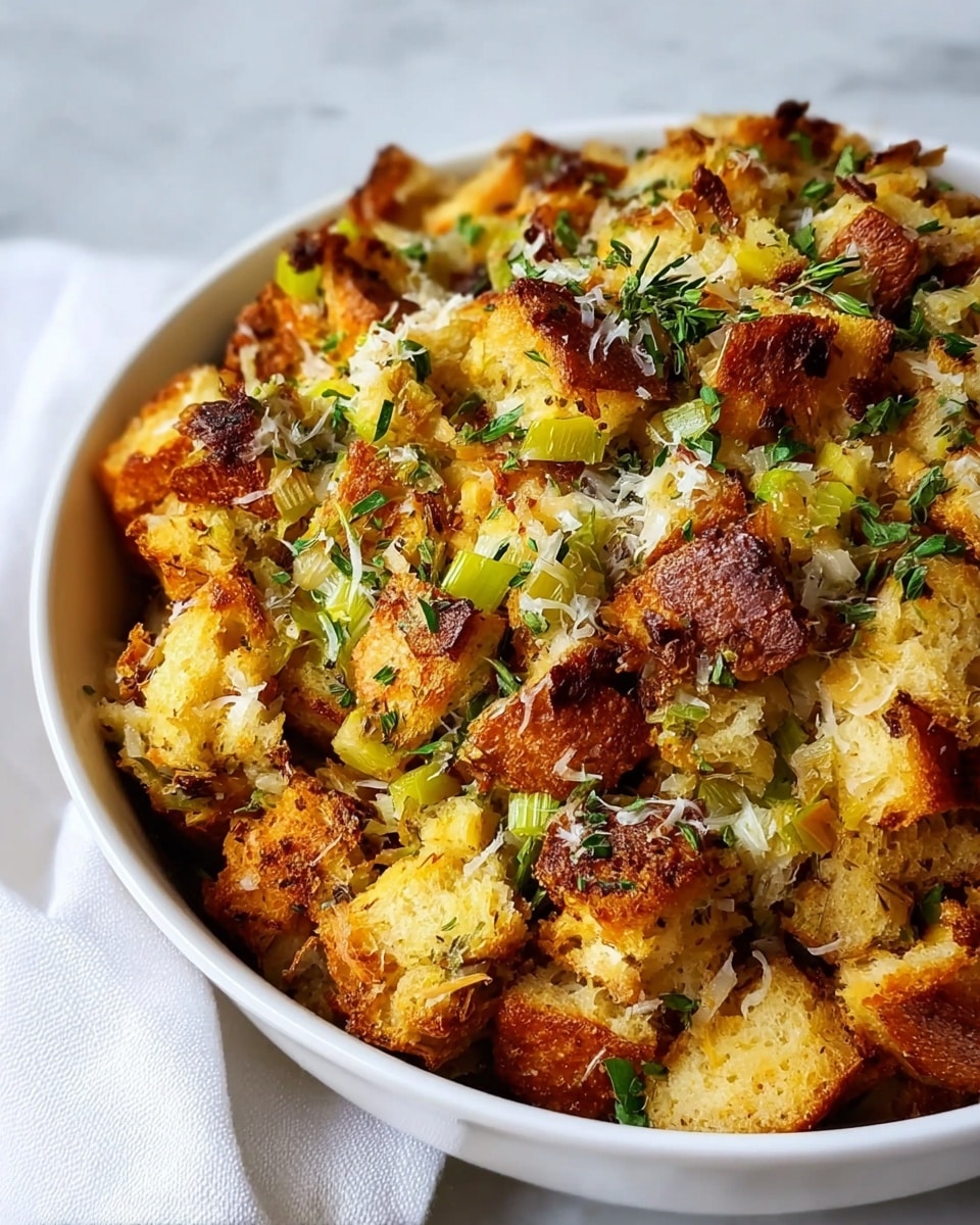 A white oval dish filled with a baked bread casserole showing about two layers of cubed golden-brown toasted bread mixed with melted cheese. Scattered across the top are thin light green rings of sliced leeks and bits of caramelized dark brown onions, adding texture and color. Sprigs of fresh green herbs are sprinkled on top, giving a fresh look. The dish sits on a white marbled surface with a silver spoon and fork beside it. Photo taken with an iphone --ar 4:5 --v 7