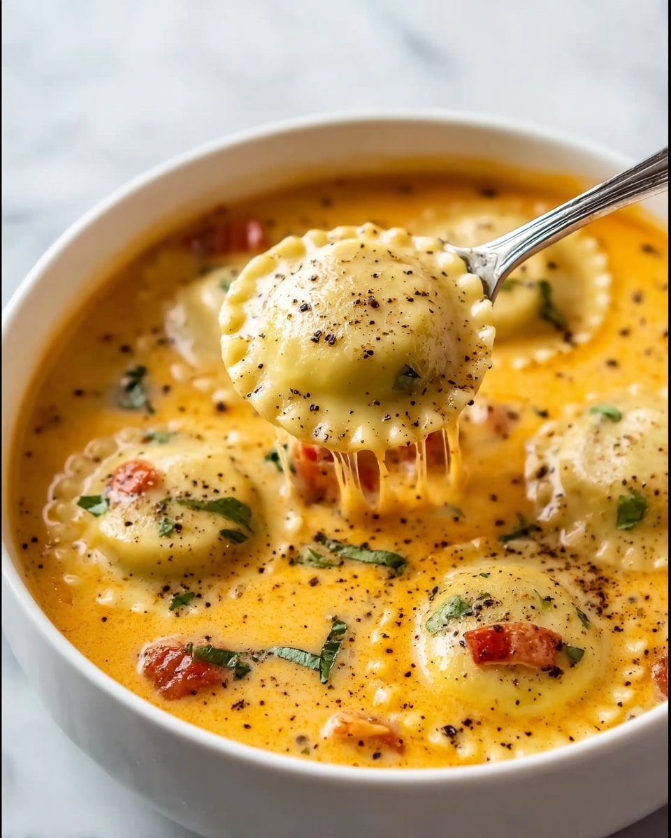A white bowl filled with creamy orange soup that has a slightly thick texture. Floating in the soup are several round ravioli pieces with slightly crimped edges, each ravioli covered in a thin layer of the soup and sprinkled with black pepper. Small bits of green herbs and diced red tomatoes are scattered throughout. A silver spoon lifts one ravioli above the soup, with melted cheese stretching slightly from the soup to the spoon. The scene is set on a white marbled surface. Photo taken with an iphone --ar 4:5 --v 7