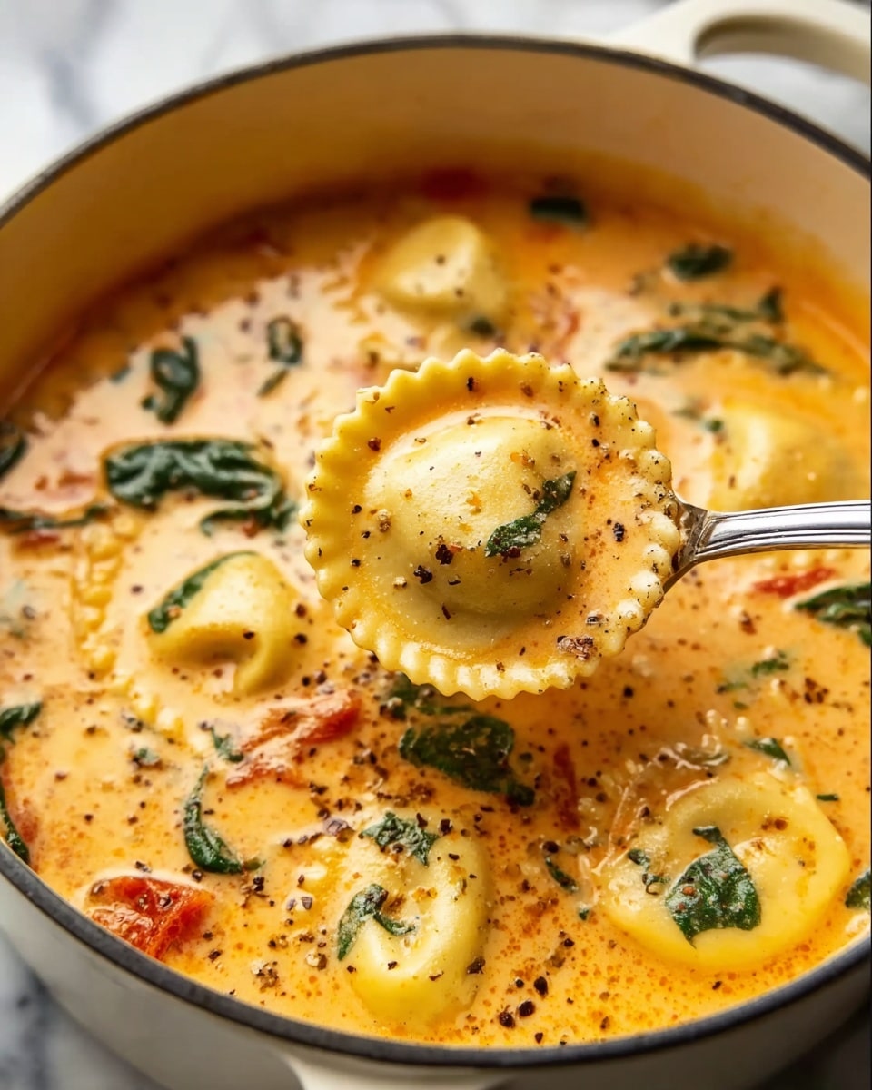 A close-up view of a white pot filled with creamy orange soup that has a smooth, thick texture with small pieces of green spinach and bits of red tomato scattered throughout. Floating on the surface are soft, pale yellow ravioli pasta with ridged edges, some sprinkled with black pepper and herbs. A silver spoon is lifting one ravioli, coated in the creamy soup, showing its round shape and soft texture. The background is a white marbled texture. photo taken with an iphone --ar 4:5 --v 7
