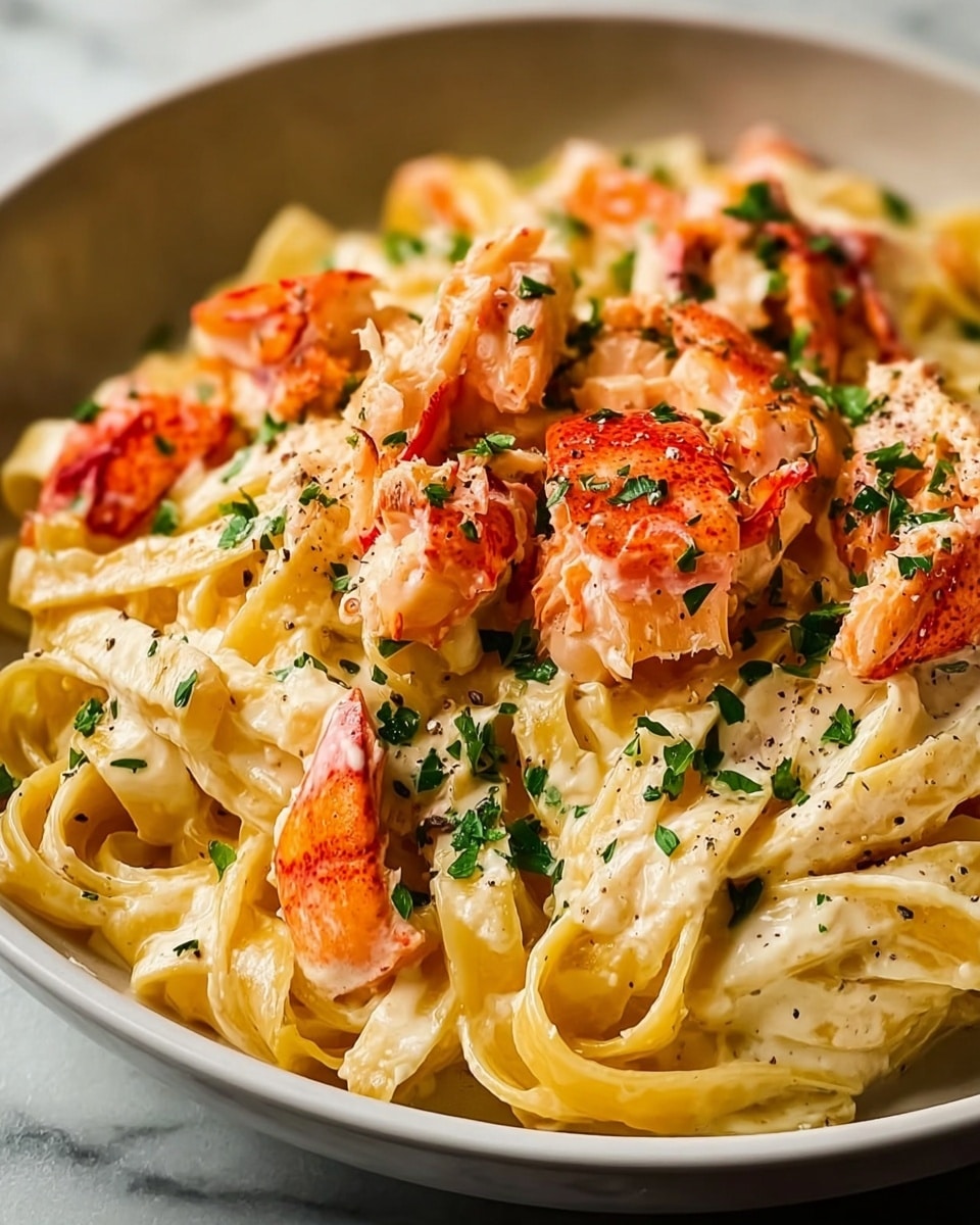 A close-up of creamy pasta with three layers visible: the bottom layer is thick, yellowish fettuccine noodles, the middle layer is a rich white creamy sauce coating the noodles, and the top layer has bright orange shrimp and lobster pieces scattered around, sprinkled with finely chopped green herbs. The dish is served in a white bowl on a white marbled surface. Photo taken with an iphone --ar 4:5 --v 7