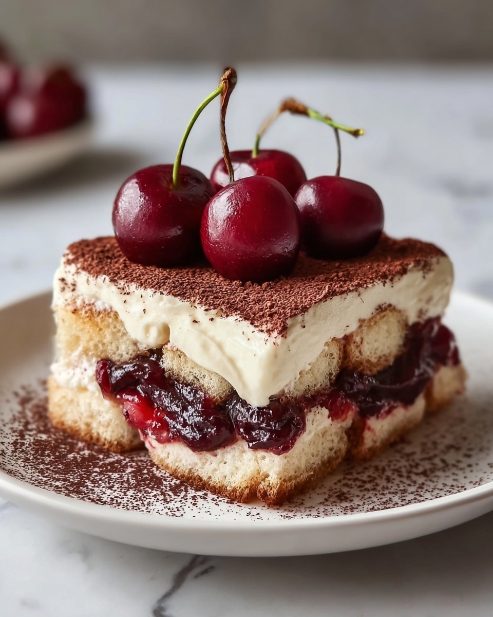 A square piece of layered dessert sits on a white plate over a white marbled texture surface. The bottom layer consists of light brown, soft sponge cake soaked slightly, topped with a thick, dark red cherry jam with visible chunks of cherries. Above this is a creamy off-white layer of smooth, rich mascarpone cream that spills a little over the edge. The top of the dessert is dusted evenly with fine dark cocoa powder. On the very top, a cluster of six glossy, deep red cherries with brown stems adds a fresh and vibrant touch. Photo taken with an iphone --ar 4:5 --v 7