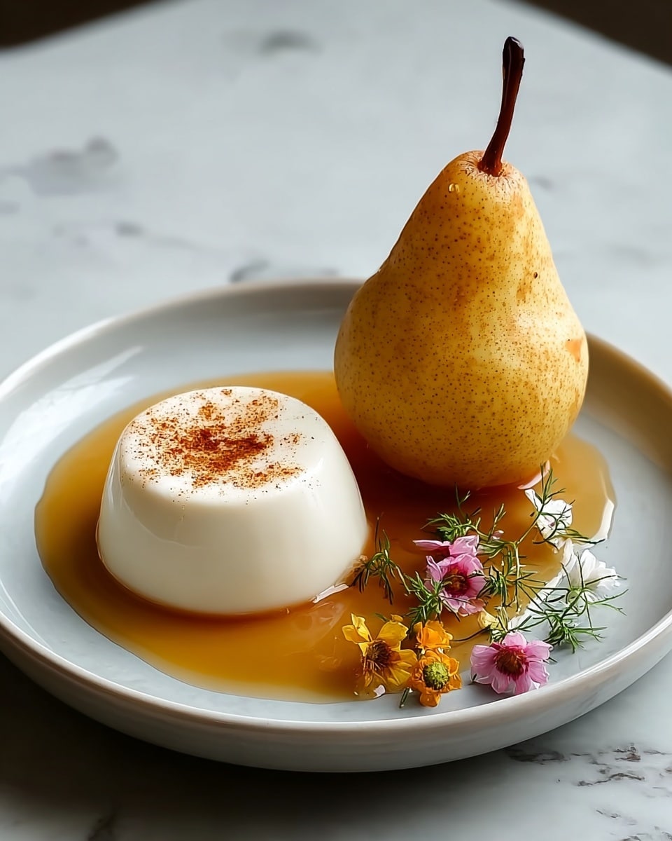 A white panna cotta with a smooth, creamy texture and a light sprinkle of brown spice on top sits on the left side of a white plate, next to a whole small yellow pear standing upright, shiny and slightly speckled, partially resting in a pool of amber sauce that spreads beneath both items. Small pink and yellow flowers with green sprigs are delicately placed on the plate near the bottom right edge of the sauce. The white plate is set on a white marbled surface. photo taken with an iphone --ar 4:5 --v 7