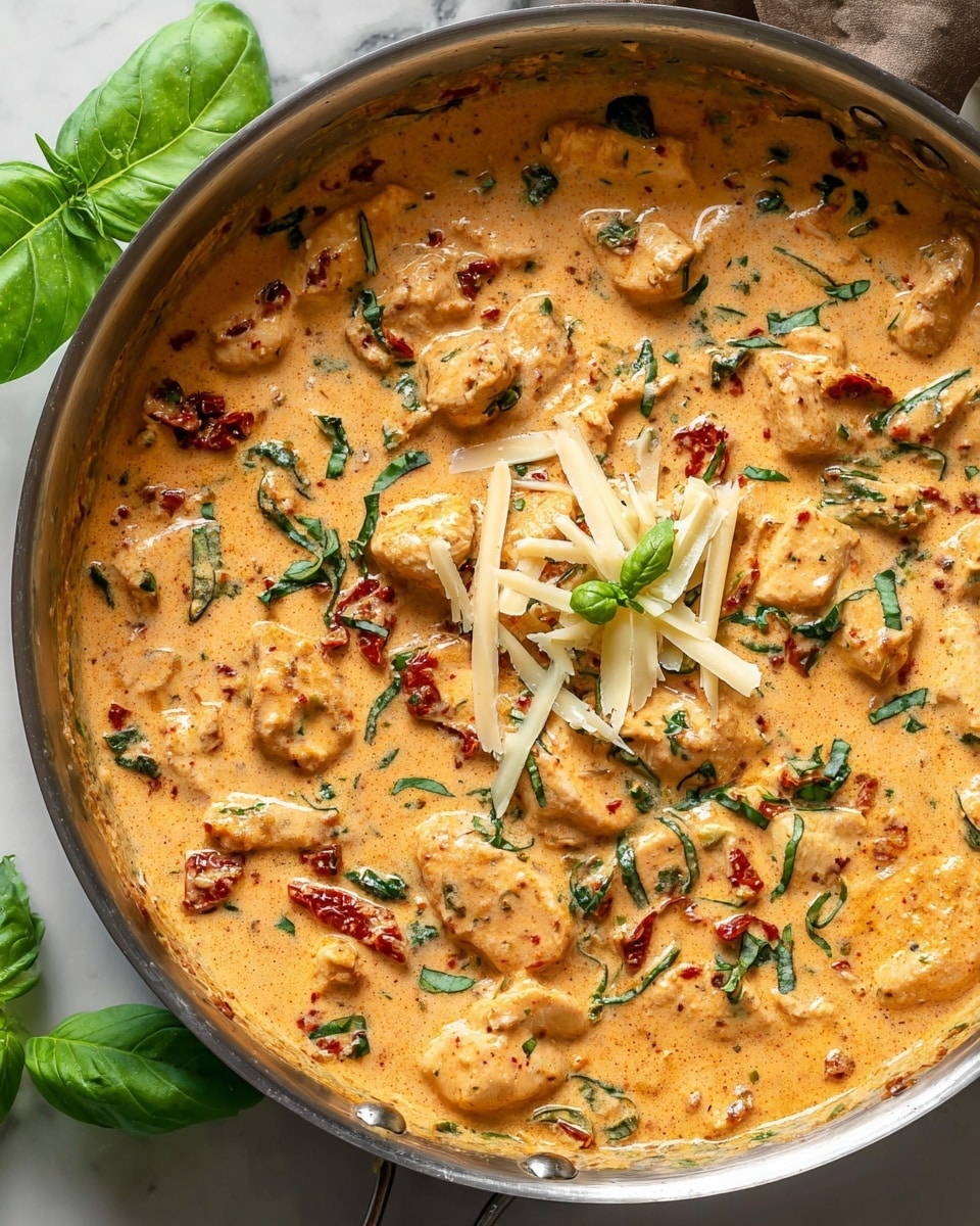 A close-up view of a skillet filled with creamy orange sauce covering golden-brown cooked chicken pieces. The sauce contains small bits of red sun-dried tomatoes and chopped green basil leaves scattered throughout. Thin shavings of light yellow cheese rest on top, along with some additional whole basil leaves for garnish. The skillet sits on a white marbled surface with more fresh basil leaves in the corner. photo taken with an iphone --ar 4:5 --v 7