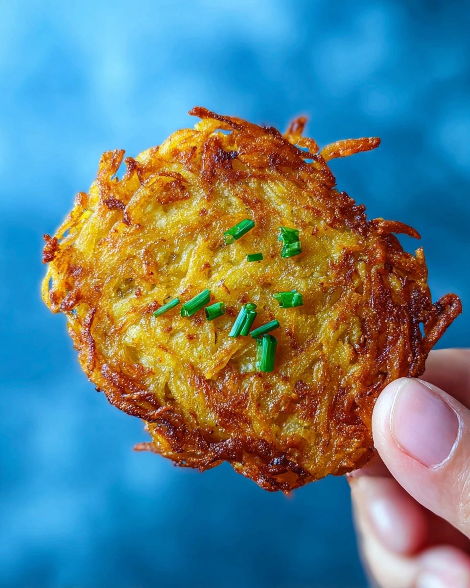 A close-up image of a golden brown, crispy potato pancake held between the thumb and forefinger of a woman's hand, showing a textured surface with small, finely shredded potato strands fried to a crunchy edge. The pancake is topped with small pieces of bright green chopped chives scattered unevenly on top. The background is a smooth blue blur, giving focus to the pancake's rich, golden color and crispy texture. photo taken with an iphone --ar 4:5 --v 7