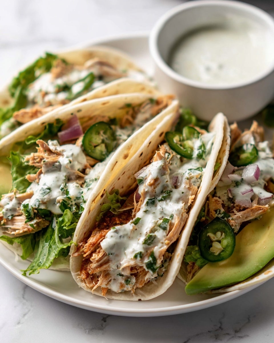 The image shows four soft tacos on a white plate placed on a white marbled surface. Each taco is made with a lightly toasted flour tortilla folded in half. Inside, the bottom layer consists of bright green lettuce leaves and avocado slices with a smooth texture. On top of that, shredded, cooked chicken with a golden-brown color is spread evenly. The chicken is covered with a creamy white sauce speckled with green herbs, adding a moist look. The tacos are arranged close to each other, showing a mix of textures and colors with the warm tortilla, fresh greens, and saucy chicken layers. Photo taken with an iphone --ar 4:5 --v 7