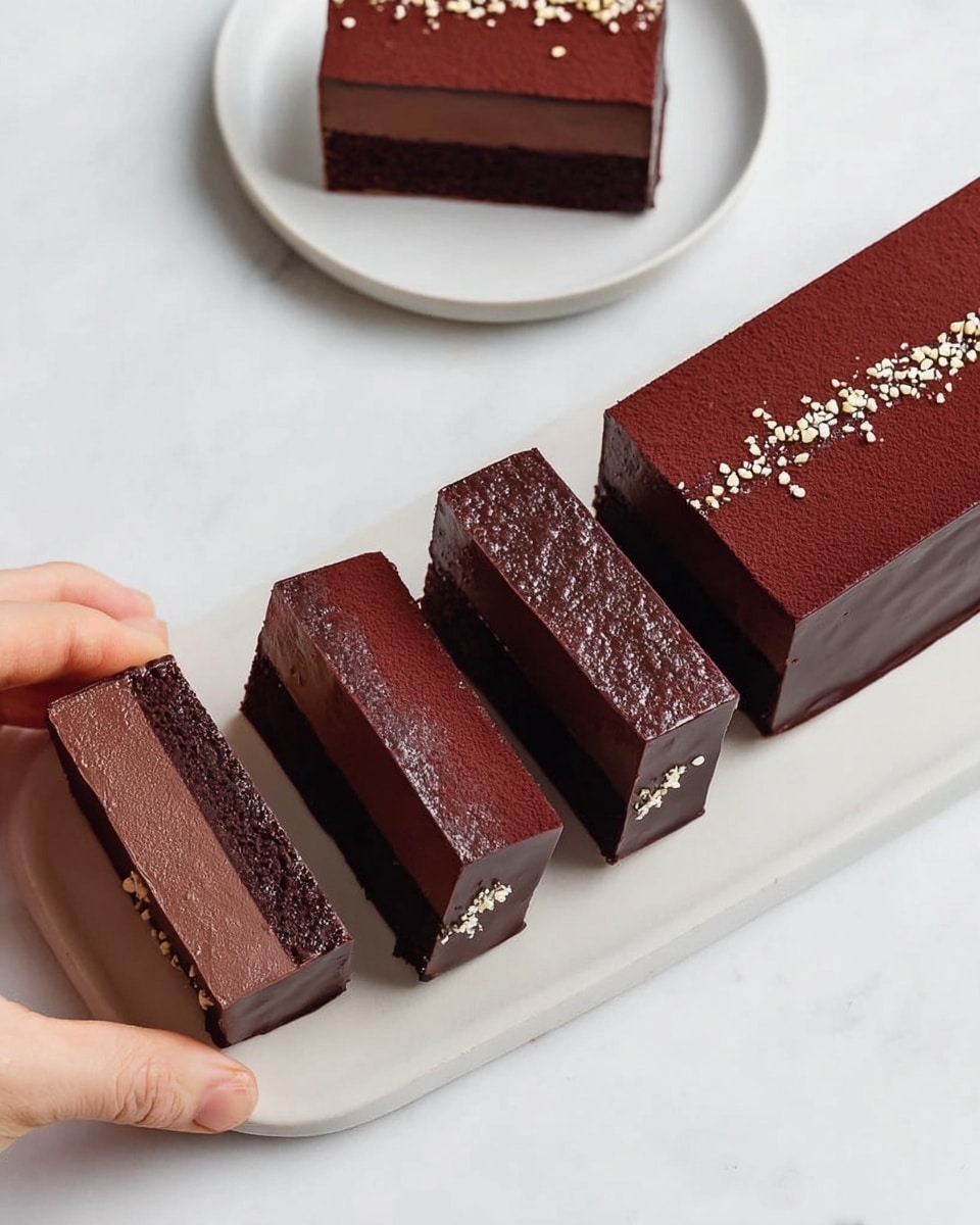 A rectangular dark chocolate dessert is sliced into four pieces on a white plate, placed on a white marbled surface. The dessert has three visible layers: a smooth, glossy dark chocolate base, a slightly lighter chocolate middle layer, and a fine cocoa powder dusted top layer. The top has a strip with small white nut pieces scattered along the center. A woman's hand is holding one slice on a white small plate in the background. Photo taken with an iphone --ar 4:5 --v 7