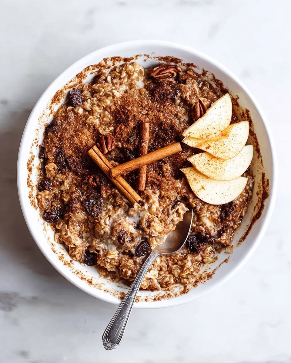 A close-up top view of a white bowl filled with baked oatmeal that has a browned, slightly crispy texture around the edges. Inside, the oatmeal shows clusters of soft, moist grains mixed with raisins and pecans. On the right, there are three thinly sliced apple pieces sprinkled with cinnamon powder. Two cinnamon sticks rest diagonally on top, crossing near the center. A small silver spoon is placed partially inside the bowl at the bottom right. The bowl sits on a white marbled surface. photo taken with an iphone --ar 4:5 --v 7