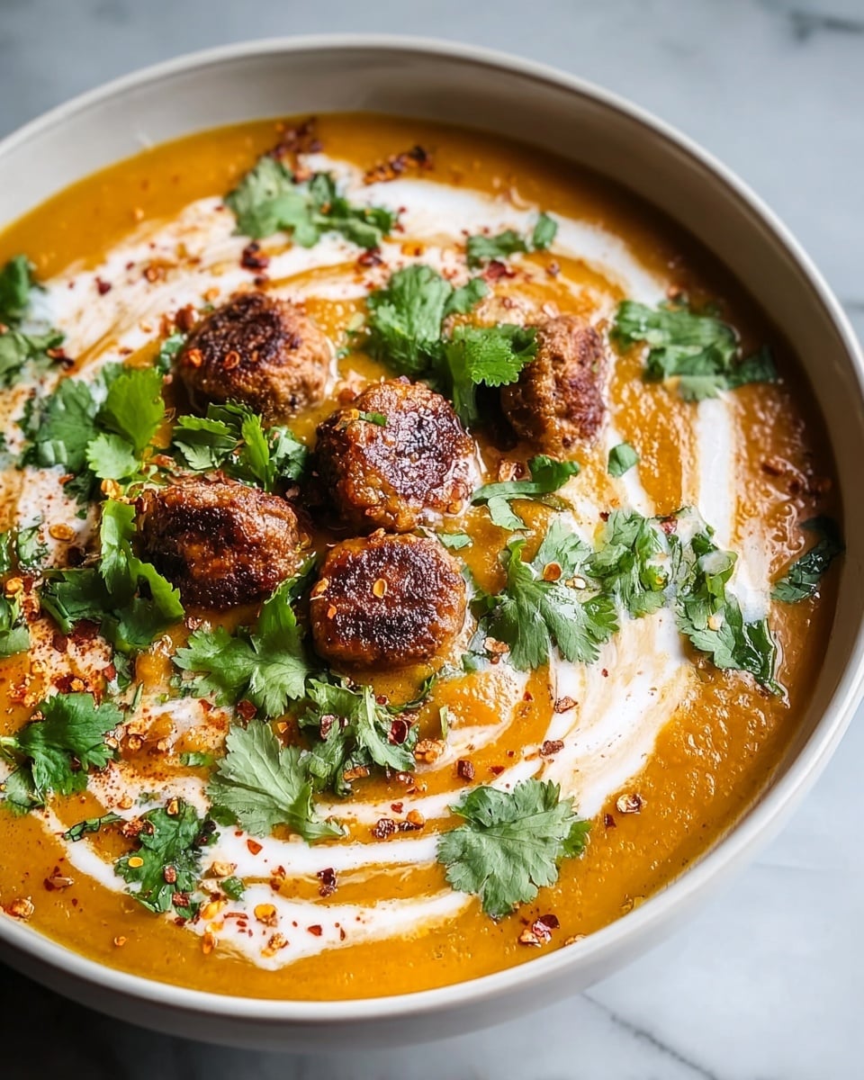 A bowl filled with creamy orange soup forms the base layer, smooth and rich in texture. Swirls of white cream are gently stirred on top, creating a soft contrast across the surface. Sitting on the cream are several small, round, dark brown meatballs with a slightly crispy texture. Bright green cilantro leaves are scattered generously over the top, adding freshness and pops of color. The bowl is white and placed on a white marbled surface, enhancing the warm colors of the dish. Photo taken with an iphone --ar 4:5 --v 7