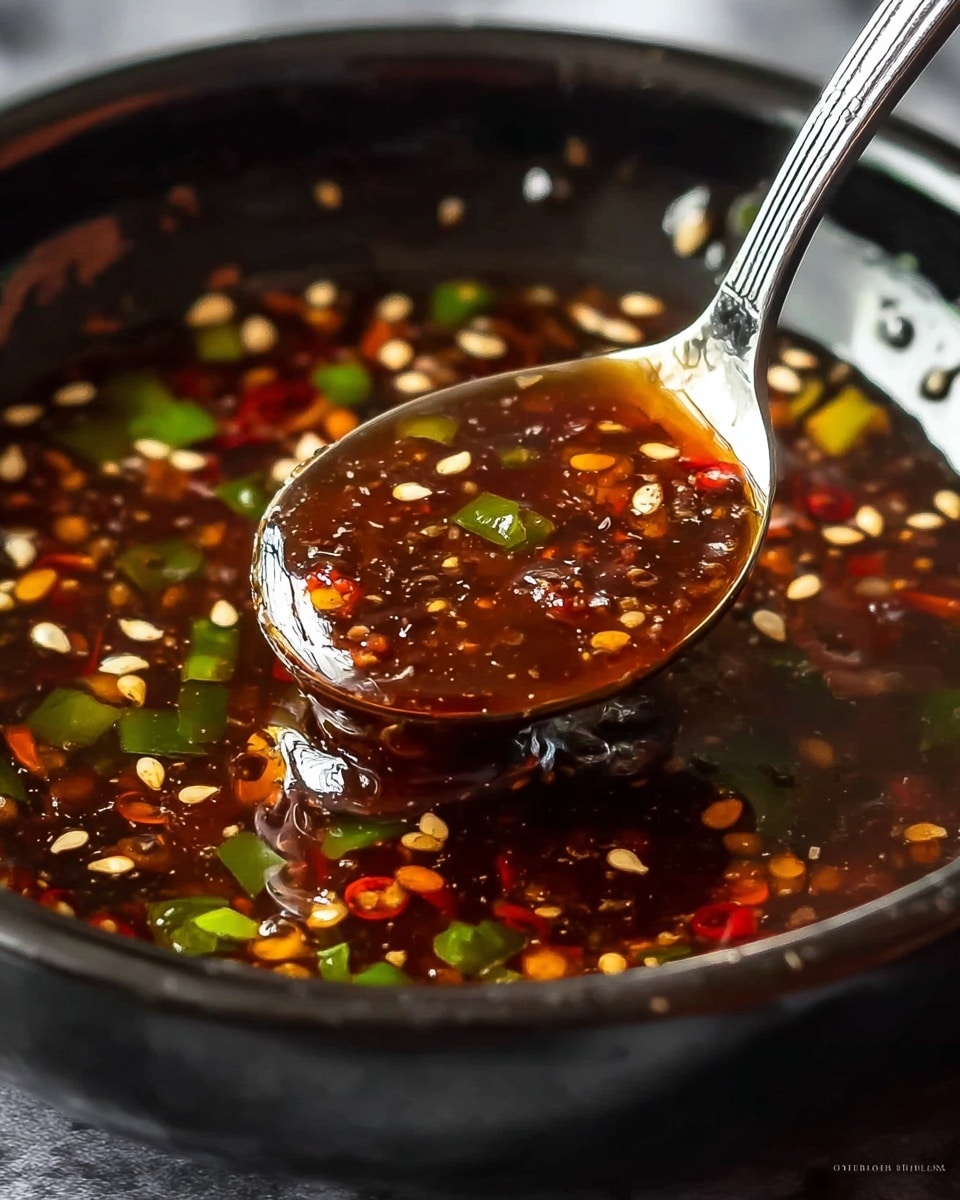 A close-up view of a small round bowl filled with dark red chili oil sauce that has a glossy, smooth texture. The sauce is sprinkled with small pieces of chopped green herbs, likely chives or green onions, and tiny yellowish sesame seeds scattered evenly on the surface. The bowl is white with a speckled brown rim and sits on a white marbled textured background. The sauce surface has some reflections of light, creating a fresh and appetizing look. photo taken with an iphone --ar 4:5 --v 7