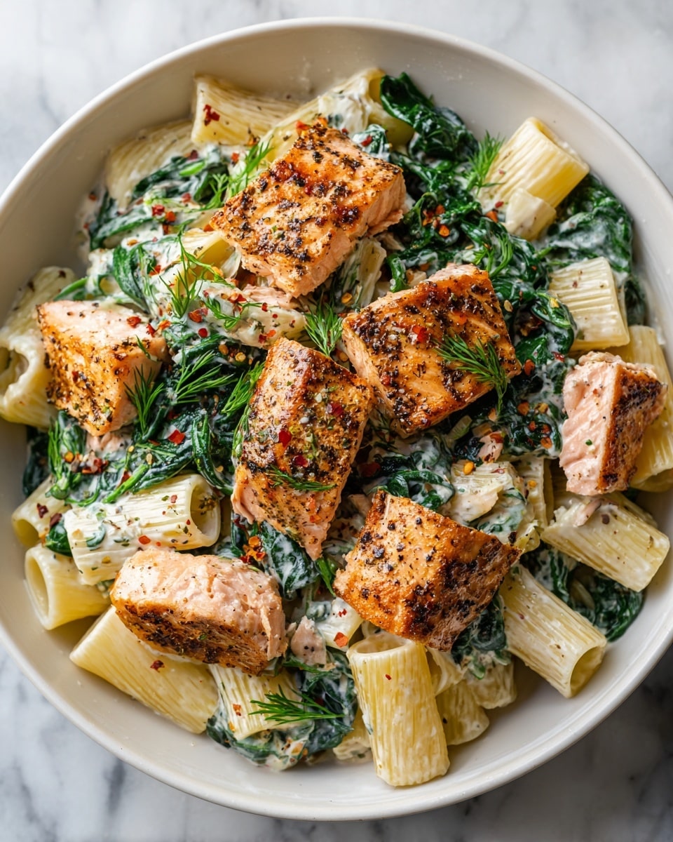 This image shows a white bowl filled with pasta rigatoni mixed with wilted dark green spinach leaves, coated in a creamy white sauce with herbs like dill sprinkled on top. On top of the pasta, there are pieces of salmon with a golden-brown crust and a light pink inside, with some spinach on them. The pasta and salmon are well mixed and seasoned with black pepper and red pepper flakes, creating a textured and colorful look. The background surface is white marble. photo taken with an iphone --ar 4:5 --v 7