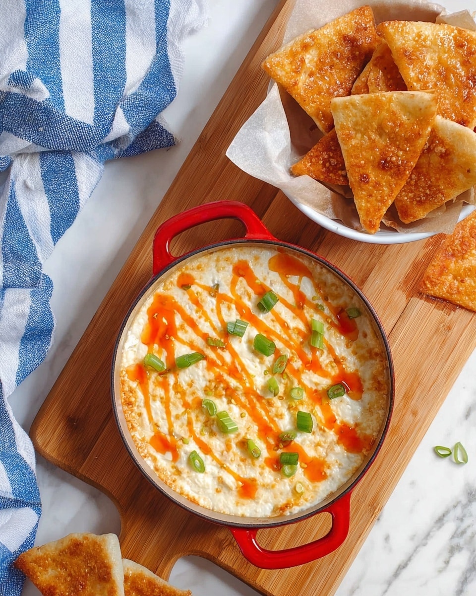 A creamy white dip in a round red pot topped with a drizzle of bright orange sauce and small pieces of green onion scattered over the top. Next to the pot, on a wooden cutting board, are several golden brown triangular chips with bubbly, crunchy texture. Partially visible beside the board is a white bowl lined with parchment paper holding more of the same chips. A blue and white striped cloth sits nearby on a white marbled surface, adding a touch of soft fabric contrast to the scene. photo taken with an iphone --ar 4:5 --v 7
