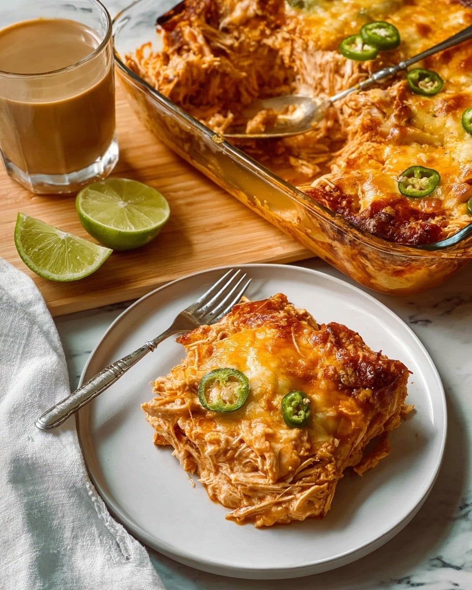 The image shows a cooked dish served on a white plate and in a clear glass baking dish. The dish has layers starting with a creamy, soft-looking shredded chicken mixed with a red-orange sauce, followed by a melted cheese layer that is light yellow and bubbly. On top, there are small pieces of green jalapeño slices adding a splash of color. The white plate with the chicken sits on a wooden surface next to a glass cup filled with a light brown drink and a fork on a white cloth napkin near a sliced lime. The baking dish reveals more layers of chicken, sauce, and cheese, with a metal spoon scooping some of the mixture. The scene is bright with natural light and the background is changed to a white marbled texture. photo taken with an iphone --ar 4:5 --v 7
