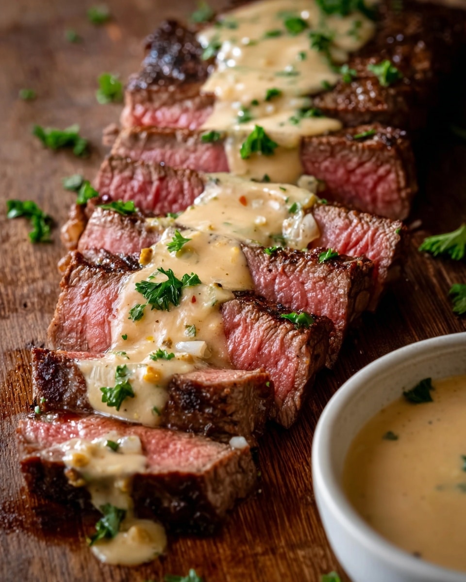 The image shows a sliced medium-rare steak with a pink center and a dark brown, grilled crust on the outside. There are six slices visible, each topped with a creamy beige sauce that has small bits of ingredients, likely garlic or onions, and is sprinkled with small green parsley pieces. The steak is laid out on a dark wooden surface. To the right, there is a white bowl with some sauce inside, slightly blurred in the background. photo taken with an iphone --ar 4:5 --v 7