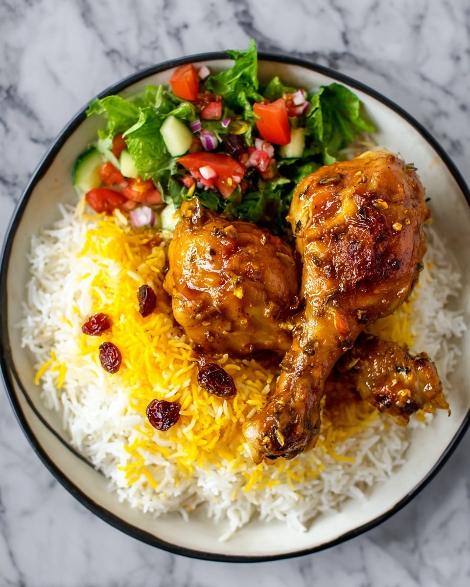 A round white plate with a layer of fluffy white rice covering the bottom. On top, two large, glazed chicken drumsticks with a golden-brown color, showing bits of garlic and spices. To one side, a portion of yellow shredded cheese mixed with small red dried fruit pieces, likely cranberries, spread neatly over the rice. At the top, fresh green lettuce leaves and a small mix of chopped red tomatoes and green cucumber add color and freshness. The plate sits on a white marbled surface. photo taken with an iphone --ar 4:5 --v 7
