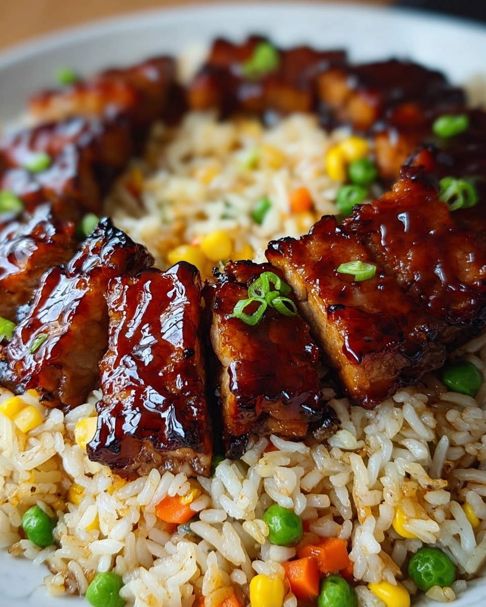 A close-up view of a dish with two main layers on a white plate set on a white marbled surface. The bottom layer is fried rice mixed with green peas, yellow corn, and small pieces of orange carrot, showing a soft and fluffy texture. On top, there are several pieces of grilled, glazed meat with a shiny dark brown surface and slightly charred edges, arranged neatly in a circle over the rice. Small green garnish pieces are scattered on the meat, adding a fresh touch. The photo taken with an iphone --ar 4:5 --v 7