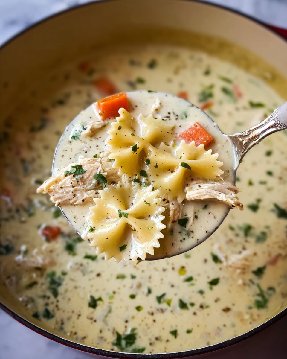 A spoon lifts creamy soup filled with three layers, all inside a white bowl with a red outer surface. The bottom layer shows a thick light beige creamy broth with small green herb pieces and tiny orange carrot bits. The middle layer consists of bowtie pasta, light yellow in color, floating in the soup. The top layer has specks of black pepper and chopped green herbs sprinkled over both the pasta and cream. The background is a white marbled texture with blurred bread and a blue striped cloth nearby. Photo taken with an iphone --ar 4:5 --v 7