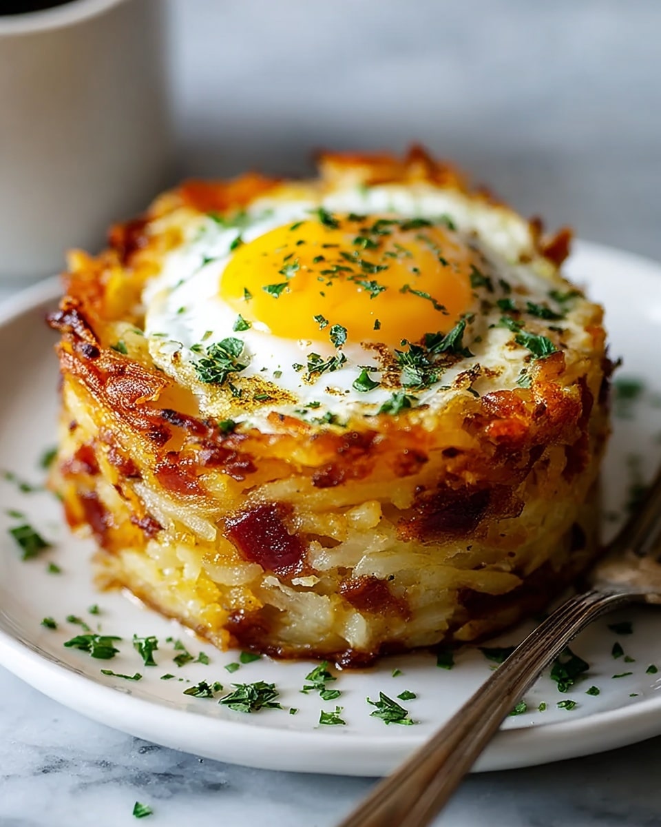 A thick, round stack of golden brown hash browns with crispy edges forming the bottom and sides, mixed with bits of reddish bacon throughout the layers. On top, a perfectly cooked sunny-side-up egg with a bright yellow yolk and slightly runny white, sprinkled with chopped green herbs. The dish sits on a white plate with more green herb garnish scattered around, resting on a white marbled surface next to a silver fork. photo taken with an iphone --ar 4:5 --v 7