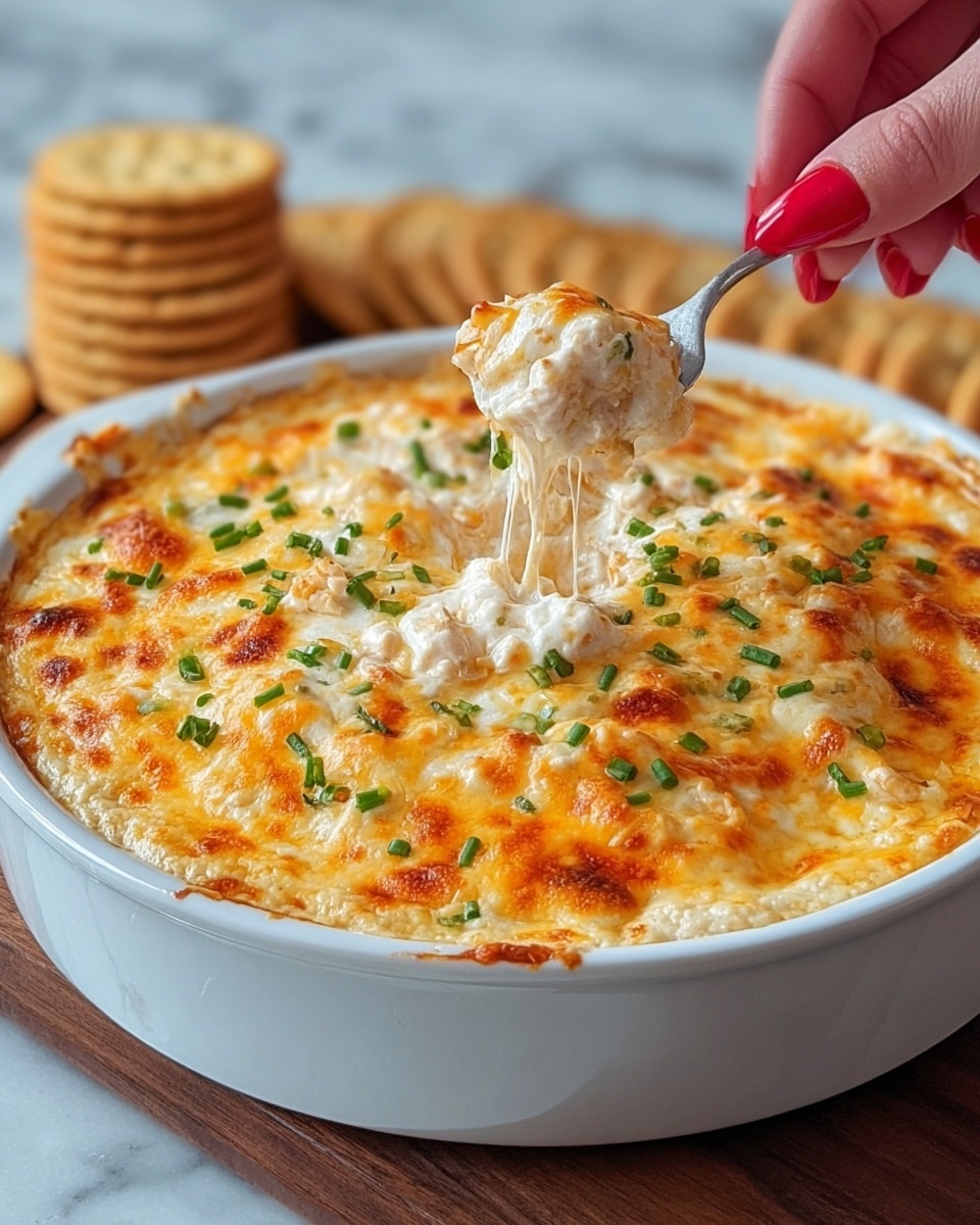 A white ceramic round dish filled with a thick layer of golden-brown baked cheese that is bubbly and slightly crispy on the top. The cheese is melted and creamy, with small chunks of white chicken mixed throughout, and sprinkled with fresh green chopped chives. A woman's hand with red-painted nails is holding a small fork pulling up a cheesy bite that stretches slightly. Behind the dish, there are blurred light tan crackers stacked on a white marbled surface. photo taken with an iphone --ar 4:5 --v 7