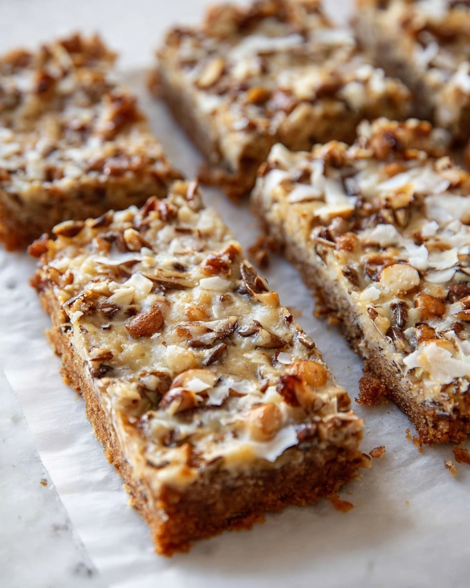 A close-up of several rectangular bars on white parchment paper over a white marbled surface, each bar showing a crusty, light brown bottom layer, topped with a thick, uneven layer of chopped nuts, seeds, and melted cheese that gives a creamy, textured look in beige, light brown, and off-white colors. The bars are arranged close together with slight separation, showing details of the crunchy topping with small pieces sticking out. Photo taken with an iphone --ar 4:5 --v 7