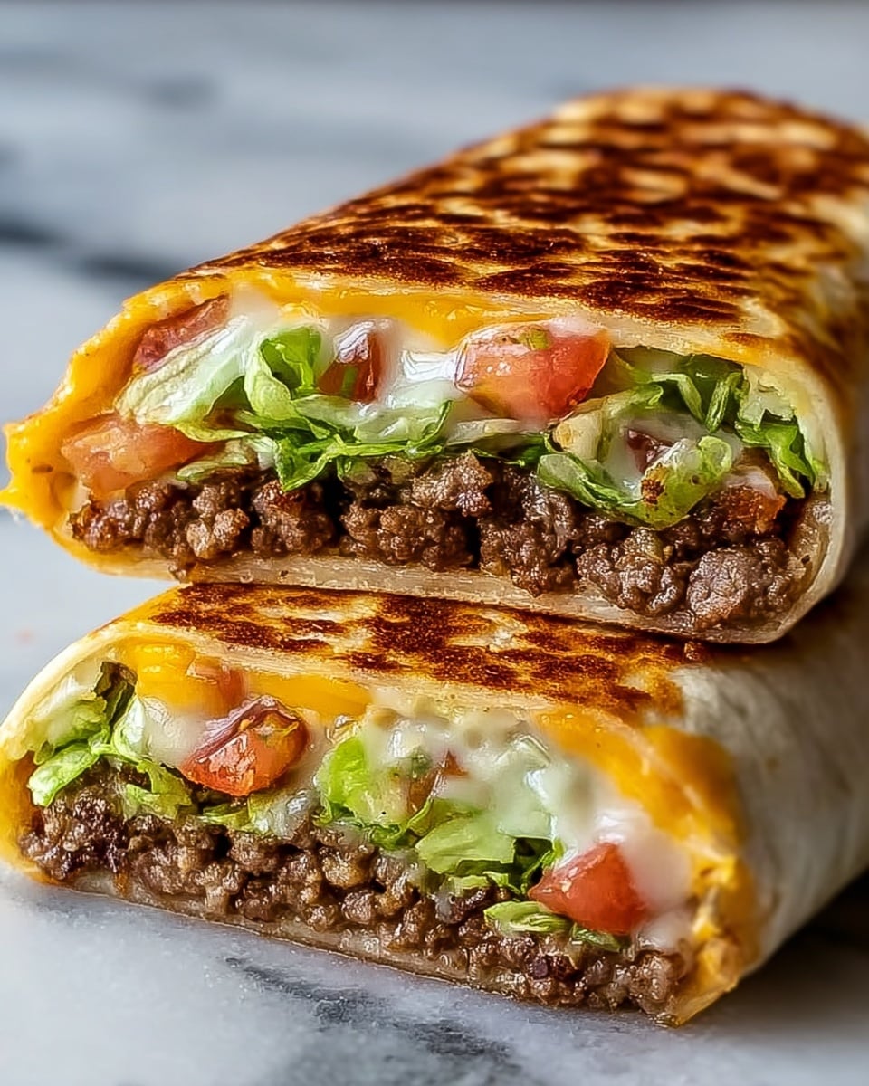 The image shows a close-up of a folded wrap cut in half and stacked, revealing three main layers inside: a top melted white and yellow cheese layer with bits of green lettuce, a middle crumbly textured layer of cooked ground beef, and a bottom layer of fresh green lettuce and red tomato pieces. The wrap itself is golden brown and toasted with a slightly crispy surface, placed on a white marbled surface. photo taken with an iphone --ar 4:5 --v 7