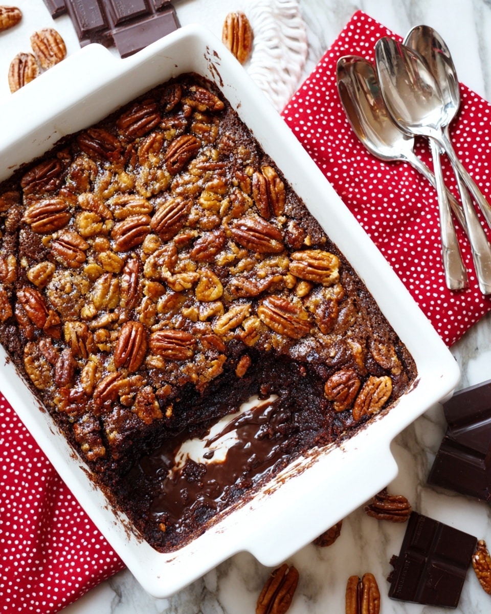 The image shows a white square baking dish filled with a three-layer dessert with a rich dark brown base layer that looks moist and dense, a middle layer of thick chocolate with a shiny texture, and a top layer densely covered with golden-brown pecan halves spread evenly, some pecans slightly darker from baking. One corner has a missing square piece, revealing the gooey interior. The dish sits on a white marbled surface with pieces of dark chocolate and scattered pecans nearby, along with a white plate holding two spoons on a red cloth with white polka dots. photo taken with an iphone --ar 4:5 --v 7