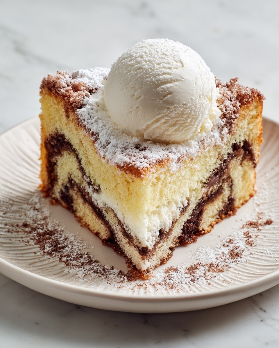 A slice of cinnamon swirl cake with a soft, creamy yellow base layered with dark brown cinnamon swirls on top, creating a marbled effect. The top layer is dusted with a mixture of cinnamon and sugar, giving it a slightly crumbly texture. A smooth, round scoop of white vanilla ice cream sits neatly on top of the cake slice. The dessert is served on a white plate with a subtle textured pattern around the rim, placed on a white marbled surface. Light dusting of powdered sugar and cinnamon surrounds the cake slice on the plate. Photo taken with an iphone --ar 4:5 --v 7