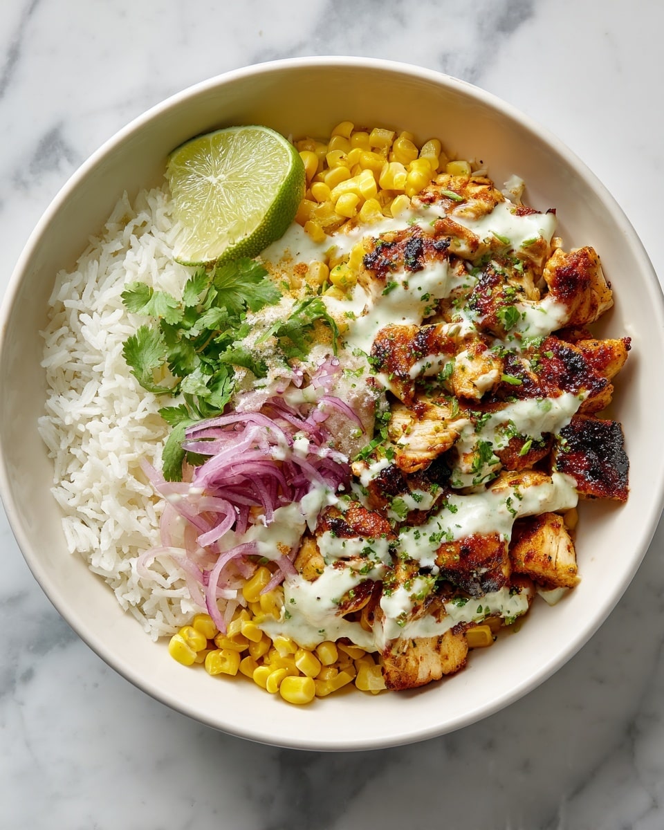 A bowl with three main layers is shown on a white marbled surface. The bottom layer is white rice, covering half of the bowl. The other half has bright yellow corn kernels. On top of these layers, there are grilled chicken pieces, golden brown with some char marks, mixed with corn. A drizzle of white sauce covers the chicken pieces, with chopped green herbs sprinkled all over. There are some thin slices of red onion and cilantro leaves topping the dish. Two lime wedges are placed near the bowl. Photo taken with an iphone --ar 4:5 --v 7