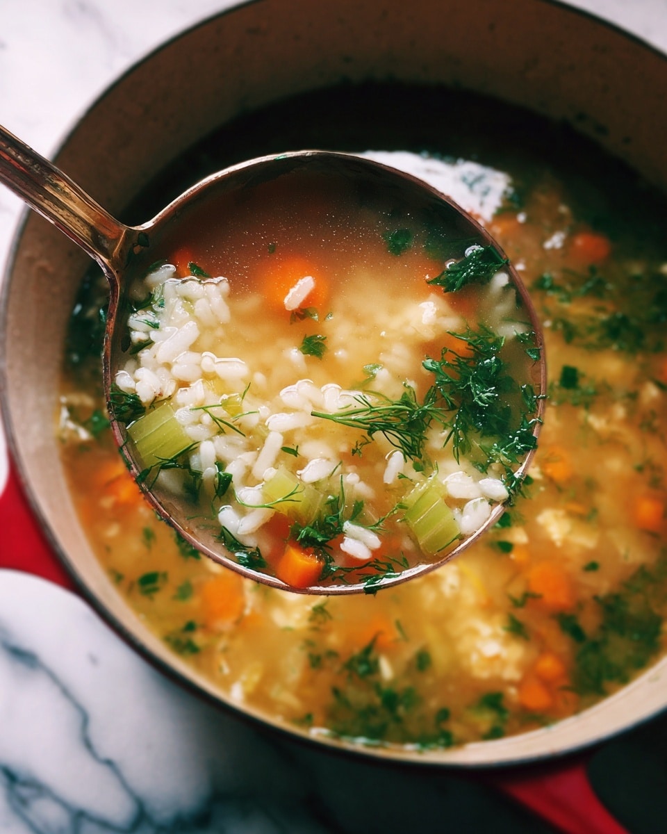 A close-up view of a ladle filled with clear soup containing white rice grains, diced orange carrot slices, light green celery pieces, and sprigs of fresh green dill, all floating in a light golden broth. The ladle is lifted above a red pot filled with the same soup, showing the mix of ingredients submerged in the broth. The background is a white marbled texture. photo taken with an iphone --ar 4:5 --v 7