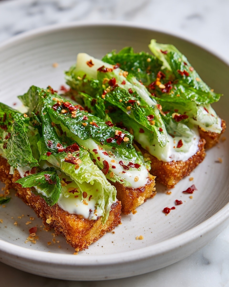 A close-up of a dish with three main layers on a white plate over a white marbled texture. The bottom layer is a crispy, golden-brown base with a rough texture and uneven edges. Above it, there is a creamy, white sauce spread evenly but thinly. The top layer consists of fresh green lettuce leaves mixed with shredded pale cheese, sprinkled with small red chili flakes, creating a colorful contrast. The lettuce looks fresh and slightly glossy from the dressing. photo taken with an iphone --ar 4:5 --v 7