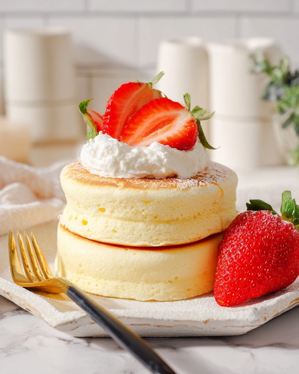 A stack of two thick, fluffy, pale yellow soufflé pancakes sits on a square white plate with rough edges placed on a white marbled surface. On the top pancake, there is a dollop of white whipped cream with two bright red, sliced strawberries with green leaves partially inserted in the cream. One whole strawberry lies to the right side of the plate. A gold and black fork is placed diagonally on the bottom left of the plate. The background shows soft-focus white ceramic containers and white tiles. photo taken with an iphone --ar 4:5 --v 7