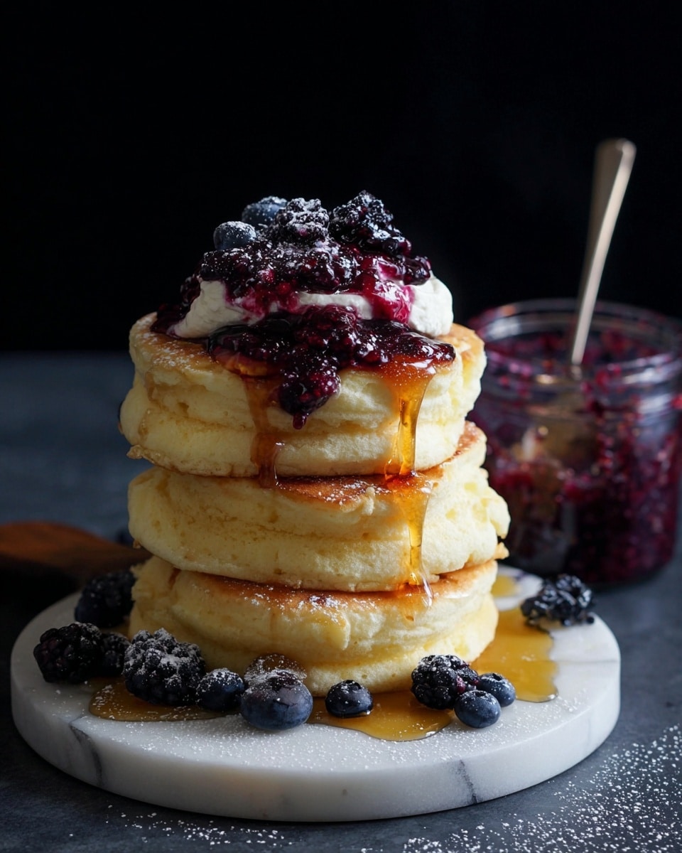A stack of three thick, fluffy light yellow pancakes sits on a small white marble plate. The top pancake is covered with a dollop of white cream, dark purple berry jam, and golden syrup dripping down the sides and pooling on the plate. Around the base are scattered blackberries and blueberries with a light dusting of powdered sugar. Behind the pancakes is a glass jar filled with more berry jam and a spoon inside. The background is dark, contrasting with the bright pancakes and white plate. photo taken with an iphone --ar 4:5 --v 7