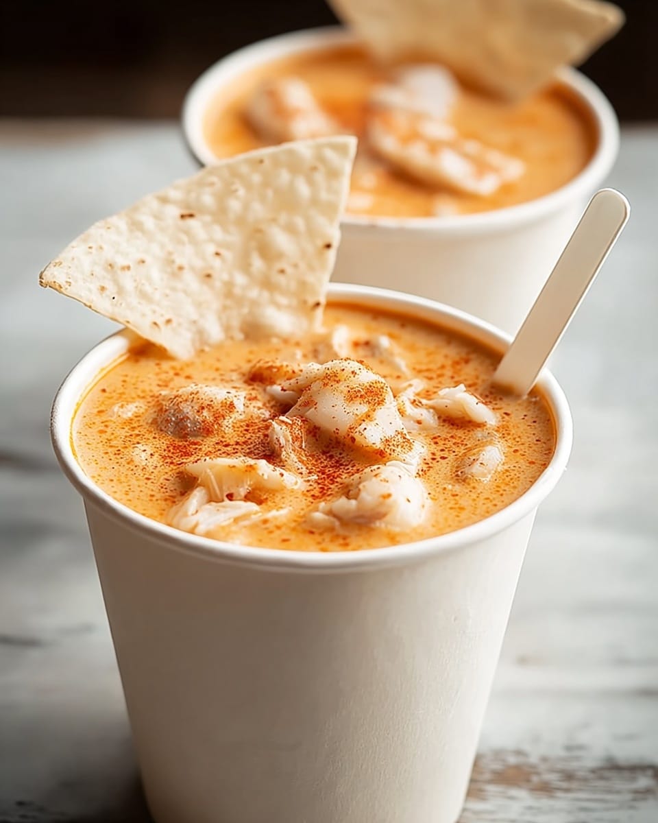 Two white paper cups filled with creamy orange soup are shown on a white marbled textured surface, with the cup in the front clearly visible and the second cup blurred in the background. The soup has visible white chunks of seafood or chicken floating on top, sprinkled with a layer of red spice powder. A large, flat, off-white tortilla chip is placed upright on the edge of the front cup, and a white spoon is sticking into the soup on the right side of the cup. The soup’s texture looks smooth and rich with some small bits dispersed within it. Photo taken with an iphone --ar 4:5 --v 7