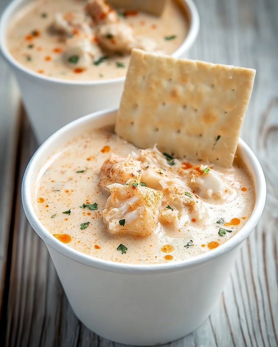 Two white cups filled with creamy, light beige soup, speckled with small bits of orange seasoning and green herbs. The soup contains chunks of white seafood, likely crab or lobster, giving a soft textured look. Each cup is garnished with a large square piece of crispy, pale beige cracker, standing upright on one side. The cups sit on a white marbled surface that contrasts with the rustic wooden pattern underneath. The background is softly blurred to keep focus on the creamy seafood soup. photo taken with an iphone --ar 4:5 --v 7