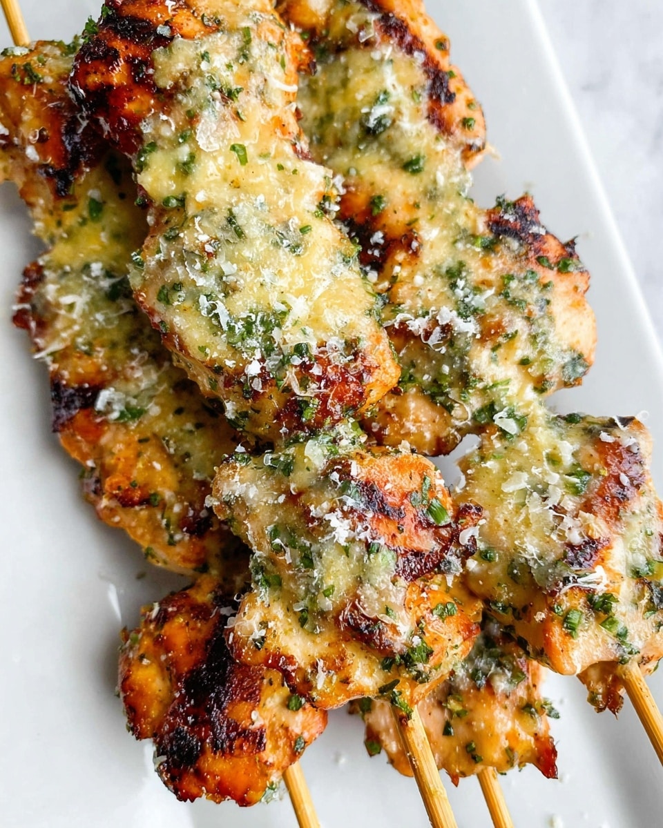 Grilled chicken skewers are shown close up on a white rectangular plate set on a white marbled surface. Each skewer has several pieces of golden-brown grilled chicken, with a slightly charred texture on the edges. The chicken is generously covered with a thick layer of creamy garlic parsley butter sauce, showing small bits of finely chopped green herbs and garlic. The sauce looks melted and slightly bubbly, with a light dusting of grated white cheese sprinkled on top. The wooden skewers peek out from underneath the chicken pieces, adding a rustic touch. The colors are warm and inviting, mainly golden orange for the chicken and pale yellow with green flecks for the sauce, with contrasting textures of juicy meat and smooth butter sauce. Photo taken with an iphone --ar 4:5 --v 7