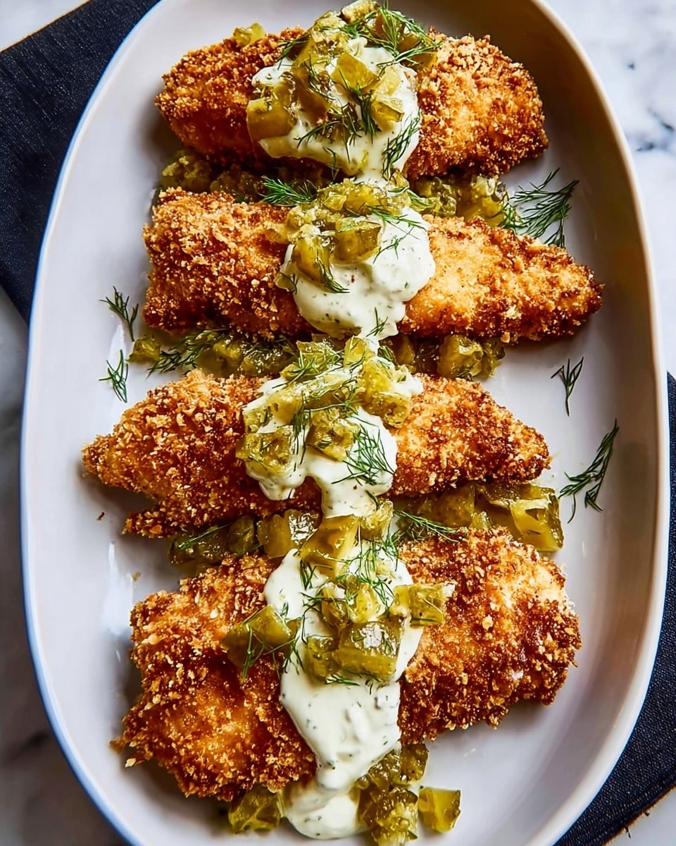 Four pieces of golden-brown breaded chicken are arranged side by side on a smooth white oval plate on a white marbled surface. Each chicken piece has a crispy, crumbly texture with a deep golden crust. A creamy white sauce is drizzled in a thick line over the center of the chicken pieces, topped with small chunks of light green pickles and tiny sprigs of fresh green dill scattered on top. The colors contrast well with the white plate and the white marbled background, highlighting the crunchy texture and creamy toppings. photo taken with an iphone --ar 4:5 --v 7