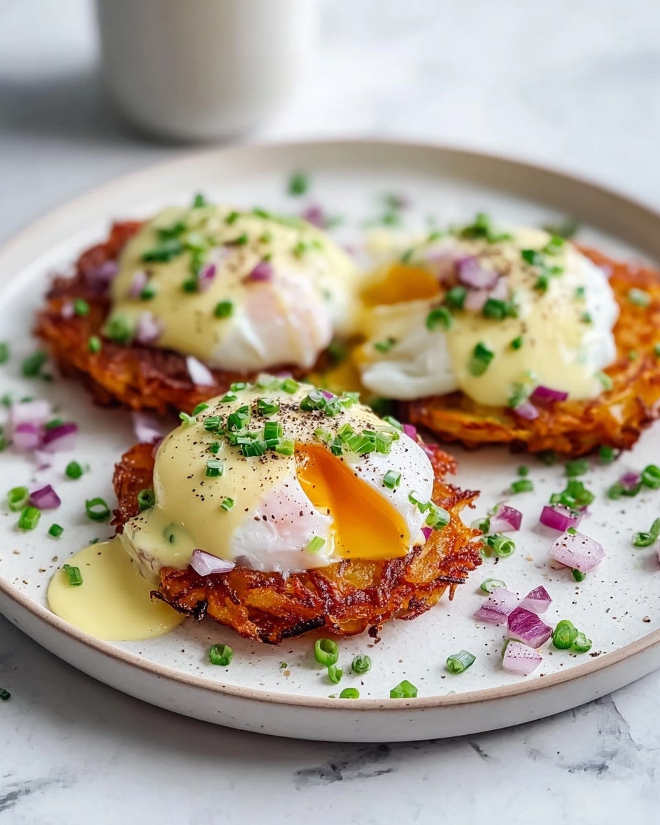 Three crispy golden-brown potato nests form the bottom layer on a white plate, each topped with a soft, white poached egg. The eggs have a pale pink yolk visible through the soft white, with smooth, light yellow hollandaise sauce dripped over them, creating a slight glossy texture. Finely chopped green chives and small pieces of purple red onion are sprinkled over the eggs and the plate, adding fresh green and purple pops of color. Black pepper is lightly cracked on top of the eggs, adding texture and depth. The setting is on a white marbled surface, enhancing the clean and fresh look of the dish. Photo taken with an iphone --ar 4:5 --v 7