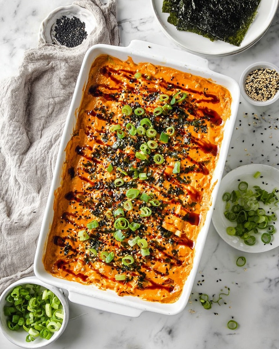 A rectangular white baking dish filled with a creamy, orange-colored baked pasta or casserole, topped with thin, dark red lines of sauce drizzled diagonally and thinly sliced green onions scattered evenly over the surface. The orange layer looks smooth with a slightly textured baked crust, while small black sesame or spice seeds are sprinkled throughout. Around the dish are some chopped green onions and black sesame seeds on a white marbled surface. Nearby, there is a small white bowl with more black sesame seeds and a white plate with two dark green seaweed sheets. A gray cloth is placed to the left side of the baking dish. photo taken with an iphone --ar 4:5 --v 7