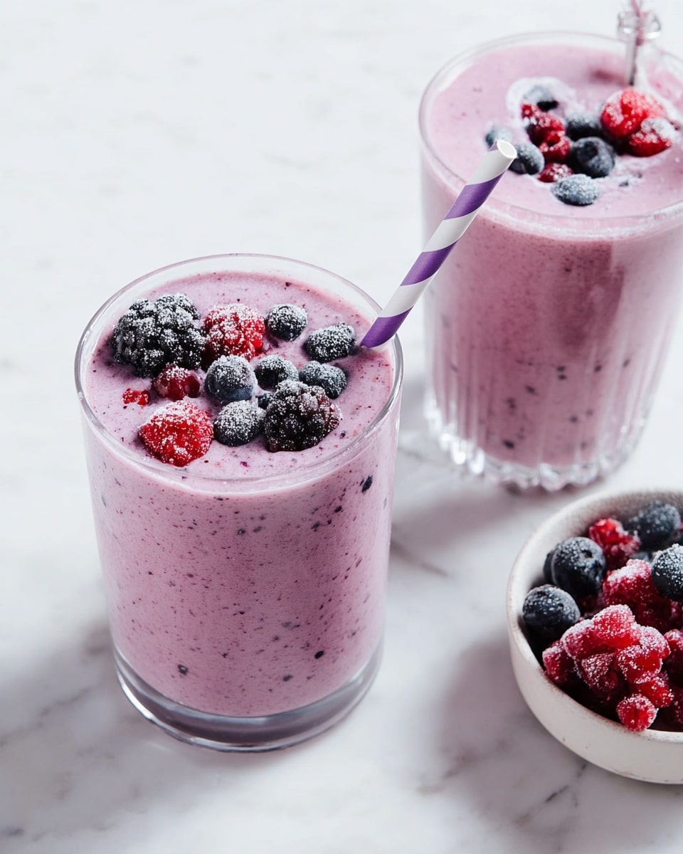Two clear glass cups filled with light purple berry smoothie, each topped with frozen mixed berries including blackberries, raspberries, and blueberries. The smoothie has a smooth and slightly frothy texture with small dark specks throughout. One cup is fully visible with a purple and white striped paper straw inserted on the right side, while the other cup is partially shown on the right with a straw too. Behind the cups, a small white bowl contains more frozen berries. All items rest on a white marbled surface. photo taken with an iphone --ar 4:5 --v 7