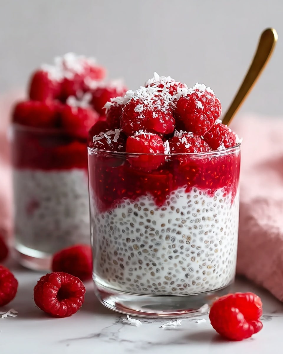 The image shows two clear glass cups filled with three distinct layers. The bottom layer is white chia pudding with small black seeds, smooth and creamy. Above it is a bright red raspberry sauce layer that looks slightly chunky and juicy. The top layer is fresh whole red raspberries piled high, with a few white coconut flakes sprinkled on them. One cup has a small gold spoon inside. Several raspberries are scattered around the glasses on a white marbled surface, with a soft pink cloth and a white marbled background. Photo taken with an iphone --ar 4:5 --v 7