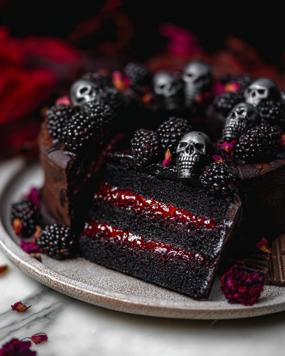 A dark black cake with two thick layers separated by a bright red jelly filling is shown on a white plate with a textured rim, resting on a white marbled surface. The top layer of the cake is decorated with fresh blackberries and small chocolate skulls, creating a spooky look. The cake has a moist, dense texture and a slice has been cut out, revealing the red jelly layer clearly. Small dried flower petals are scattered on the blackberries and plate edges. The background is softly blurred with dark and red hues. photo taken with an iphone --ar 4:5 --v 7