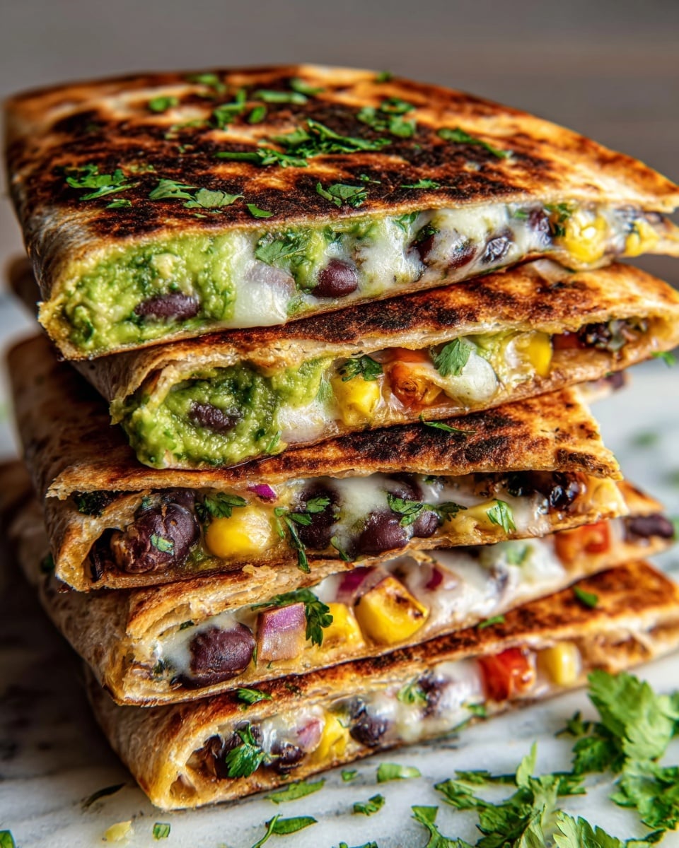 A stack of five grilled quesadilla halves are closely piled on top of each other, showing multiple layers inside each piece. The outer layer is a golden-brown crispy tortilla with scattered char marks. Inside, the first visible layer is creamy green guacamole with bits of herbs, followed by melted white cheese that is soft and stringy. There are black beans scattered throughout the filling, along with chunky yellow corn and small pieces of red onion and red bell pepper, adding color and texture. The top piece has sprinkled chopped green cilantro on the outside. Fresh cilantro leaves are placed beside the stack on a white marbled texture. photo taken with an iphone --ar 4:5 --v 7