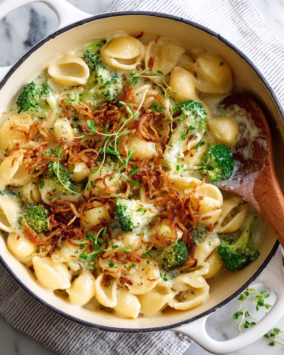 The image shows a close-up of a creamy pasta dish in a white pot, with three main layers visible. The base layer has small shell-shaped pasta with a smooth, pale yellow cheese sauce coating them. Mixed in are bright green broccoli florets, adding color and texture. On top, there are thin, crispy fried shallots scattered throughout, giving a brown, crunchy contrast. Small fresh green herb sprigs are placed on top for a touch of freshness. A wooden spoon is resting on the side of the pot, which sits on a cloth with light stripes, all against a white marbled background. Photo taken with an iphone --ar 4:5 --v 7