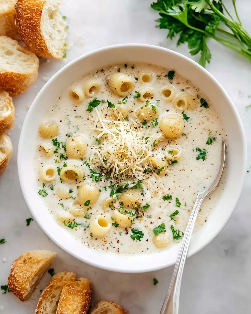 A white bowl filled with creamy soup that has small round pasta pieces floating on top. The soup is thick and pale, almost white, with green parsley bits sprinkled all over. In the center, there is a small pile of shredded cheese and a light dusting of black pepper. A silver spoon rests inside the bowl on the right side. Around the bowl, on a white marbled texture surface, there are sliced pieces of crusty bread and a sprig of fresh parsley. The scene is bright and clean with soft natural light. photo taken with an iphone --ar 4:5 --v 7