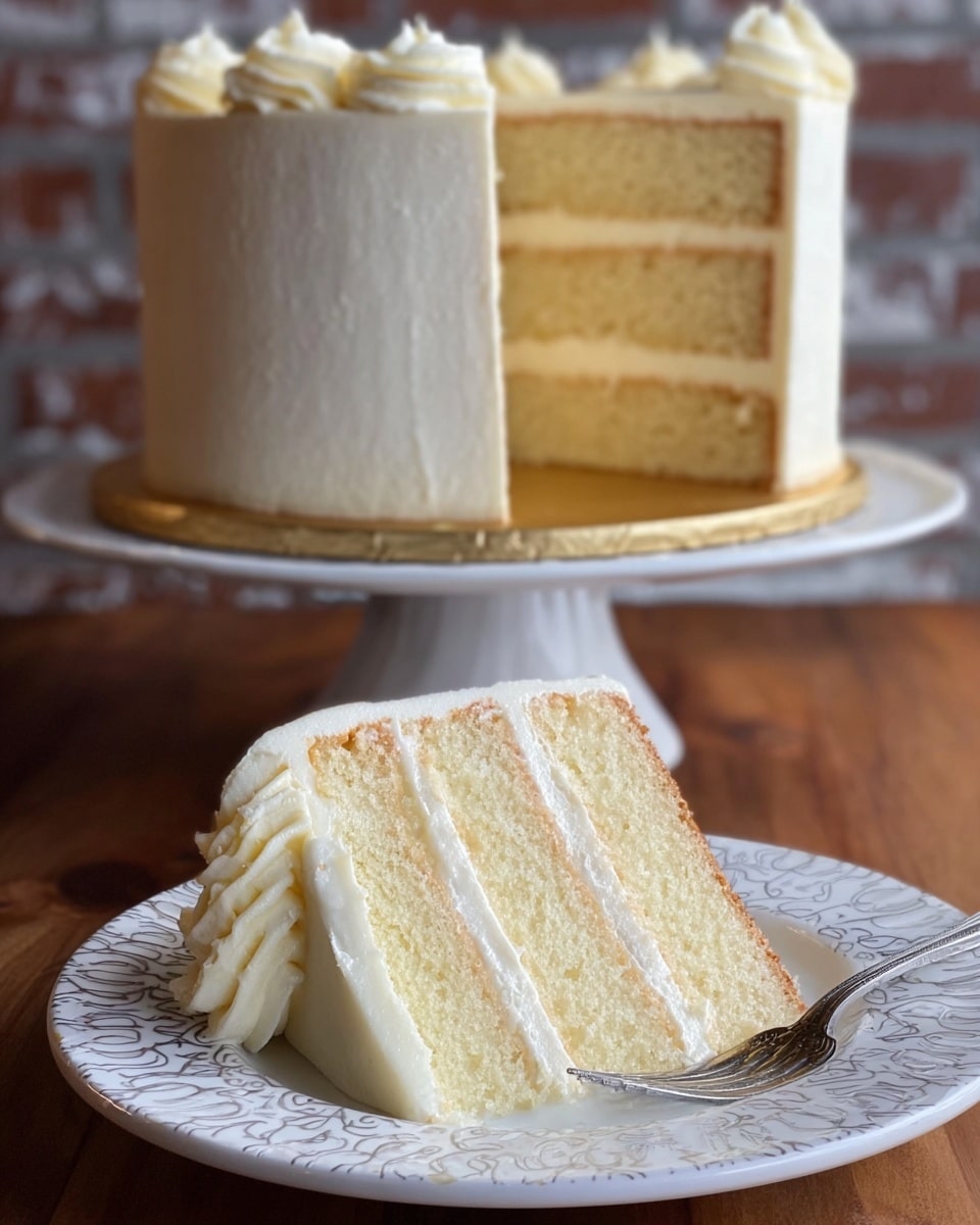 A slice of light yellow vanilla layer cake with three thick layers separated by thin white frosting lines sits on a white plate with a decorative pattern around the edge. The frosting covering the cake is smooth and creamy white. Behind the slice, the full round cake with the same three layers and white frosting is displayed on a tall white cake stand with a gold-colored base plate. A silver fork rests next to the cake slice on the plate. The setting has a wooden surface and a blurred brick wall background, changed to a white marbled texture. photo taken with an iphone --ar 4:5 --v 7