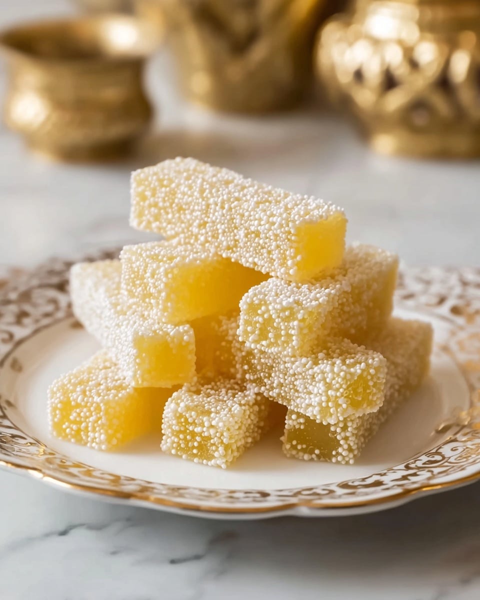 The image shows a stack of eight pale yellow rectangular jelly candies covered fully with small white sugar beads. The candies are laid in a random pile on a white plate with a fancy gold rim. The candies have a smooth, slightly shiny texture beneath the sugary coating, and their ends are visible showing the solid yellow interior. The plate sits on a white marbled textured surface, and there are golden decorative objects slightly blurred in the background. photo taken with an iphone --ar 4:5 --v 7
