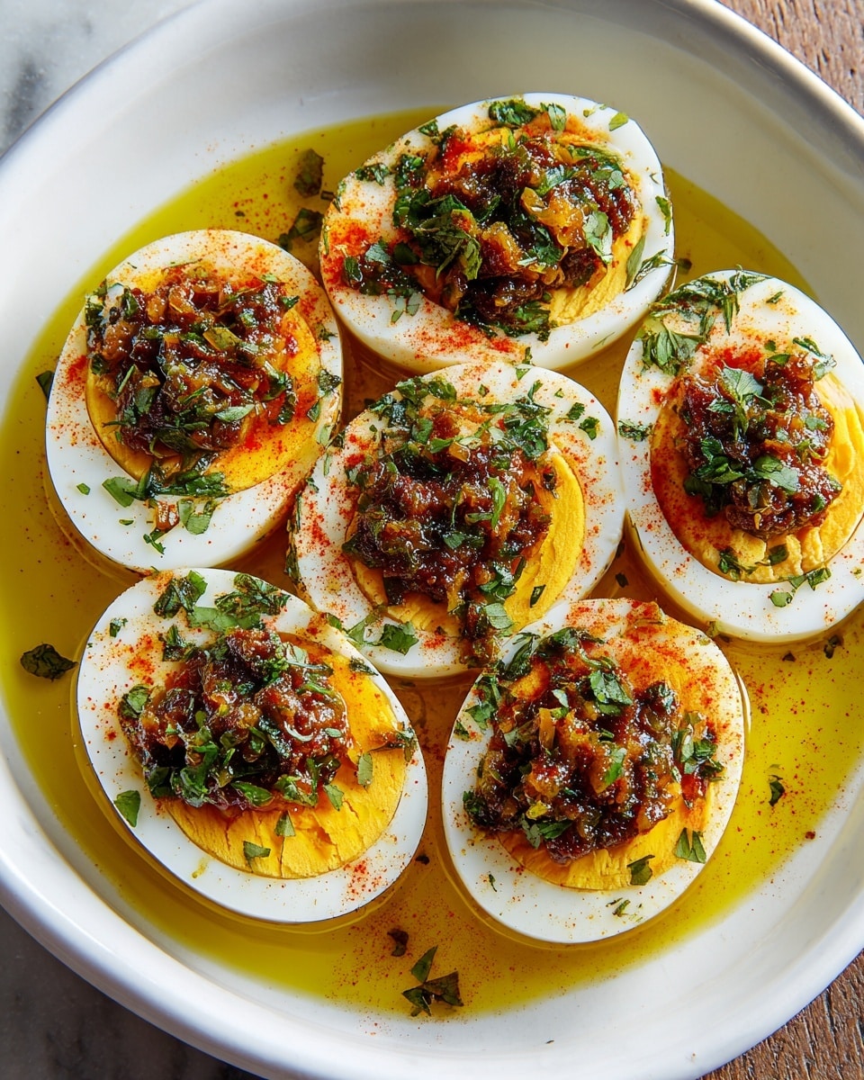 A white shallow bowl holds seven halved hard-boiled eggs arranged closely together, each cut side up. The egg whites are smooth and bright white, surrounding firm yolks colored deep yellow to orange. Each yolk half is topped with a dark brown chunky sauce mixed with green herbs. The eggs and bowl are generously sprinkled with finely chopped green herbs and a reddish-orange powder, likely chili or paprika. The eggs sit in a pool of shiny golden-yellow oil, which spreads out evenly inside the bowl. The scene is set on a white marbled surface. photo taken with an iphone --ar 4:5 --v 7