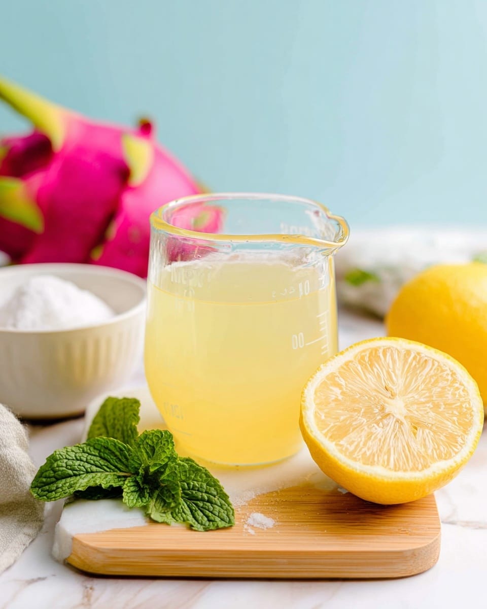 The image shows a glass measuring cup filled halfway with pale yellow lemon juice, placed on a light wooden board with a white marbled texture underneath. In front of the cup, two halves of a bright yellow lemon rest on the board, showing their juicy, textured insides. A small sprig of fresh green mint leaves is positioned to the left side of the board. In the background, there is a white bowl filled with a white powdery substance and a pink dragon fruit with green scales, slightly out of focus. The overall scene is bright and fresh, set against a soft blue background. photo taken with an iphone --ar 4:5 --v 7