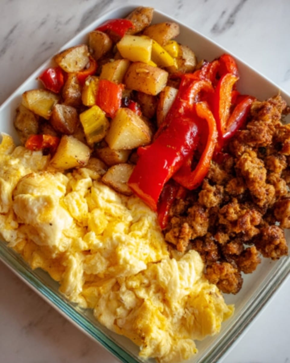 The image shows a white plate with a meal divided into four sections. On the left, there is a large portion of fluffy scrambled eggs with a soft, creamy texture. Next to the eggs, there are roasted potatoes cut into small cubes, mixed with pieces of red and yellow bell peppers, all having a slightly crispy, golden-brown look. To the right of the potatoes, there are cooked red bell pepper slices with a shiny, tender appearance. Finally, on the far right of the plate, there is a serving of crispy brown sausage crumbles with a rough texture. The plate sits on a white marbled surface. photo taken with an iphone --ar 4:5 --v 7