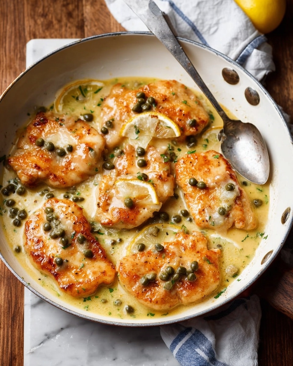 A white pan with six pieces of golden brown chicken topped with small green capers and small slices of white garlic, all covered in a light yellow creamy sauce, resting on a wooden table with a white marbled texture and a piece of white cloth with blue lines on the right side, a silver spoon is placed in the pan on the top right side, with a sliced lemon partially visible in the background. photo taken with an iphone --ar 4:5 --v 7