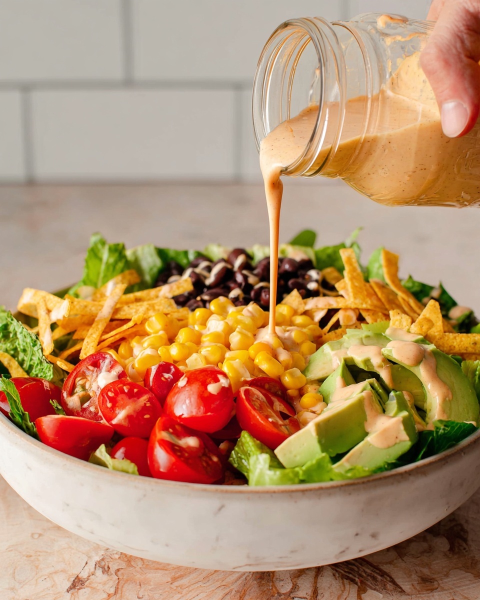 A crisp salad served in a white bowl with several visible layers starting from the bottom with fresh green lettuce leaves. On top are bright yellow corn kernels scattered beside vibrant red halved cherry tomatoes. There is a layer of black beans near the back, and thin crunchy taco strips in light orange add texture. On the right, sliced pale yellow avocado pieces add creaminess. Creamy light orange dressing with specks is being poured over the salad from a glass jar held by a woman's hand. The bowl sits on a white marbled surface with a subtle brick tile background. Photo taken with an iphone --ar 4:5 --v 7